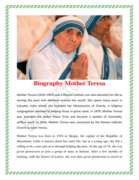 mother teresa was a _____ who did a lot of charity.|Biography Mother Teresa .